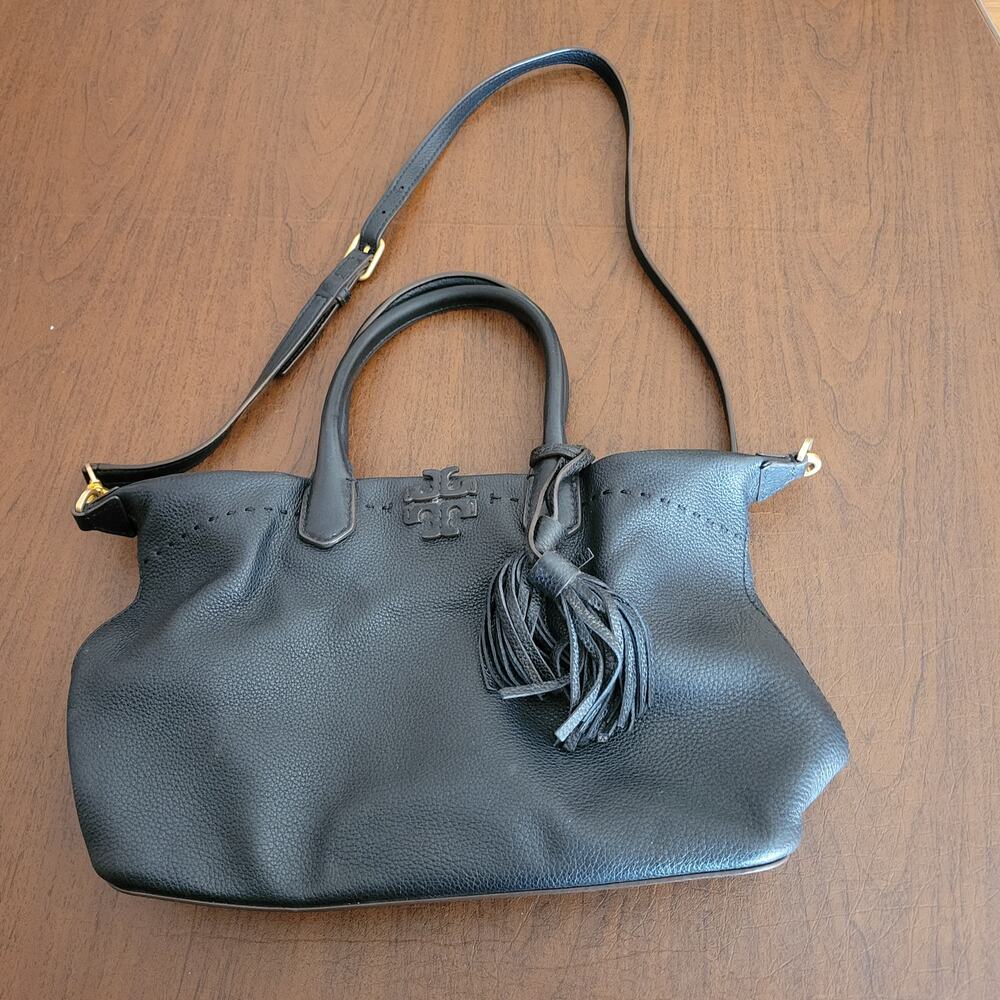 Tory Burch Mcgraw Pebbled Leather Shoulder Black Tote Bag